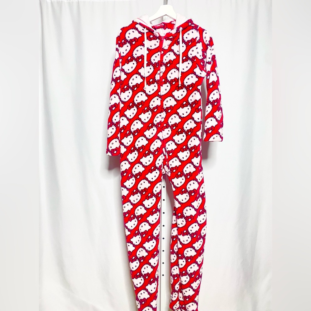 Sanrio Hello Kitty Red Hooded Union Suit One-Piece Pajamas • S